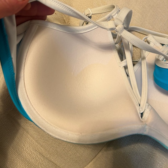 PINK Victoria's Secret Aqua/Blue/White Bikini Top T-Back Padded women’s Sz D-DD - Picture 11 of 13